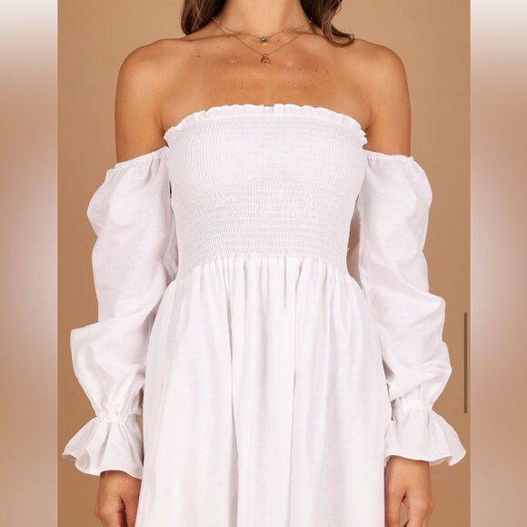 DOMENICA SHIRRED LONG SLEEVE MIDI DRESS - WHITE NWT Small - Picture 2 of 8